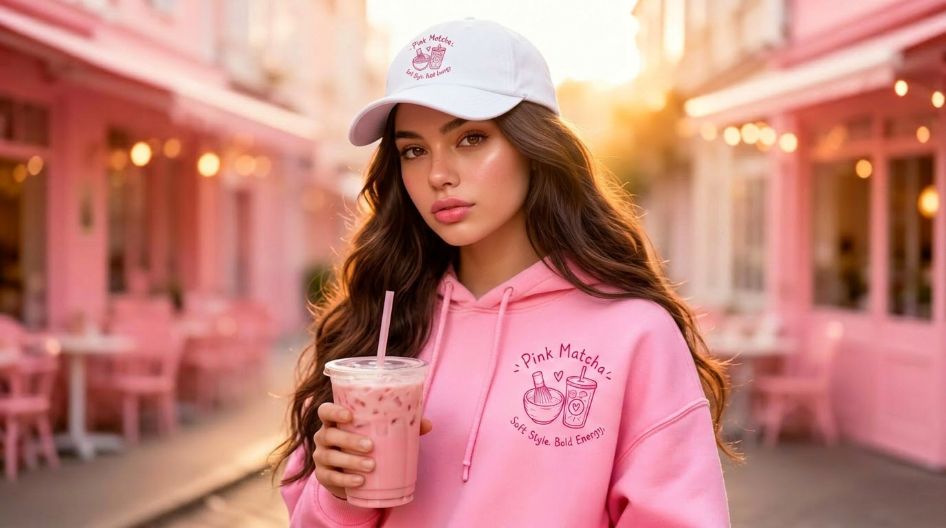 Model wearing Pink Matcha hoodie