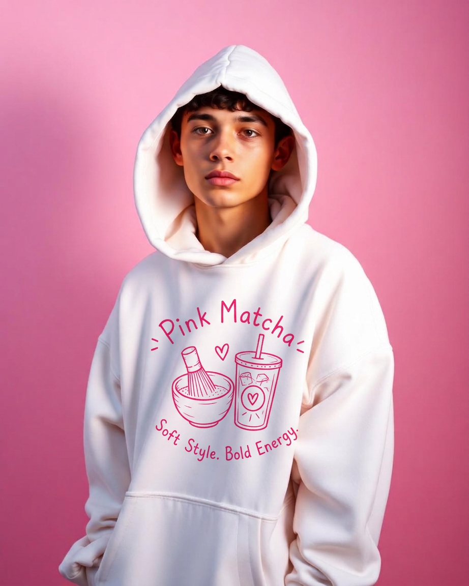 Pink Matcha Hoodie - White