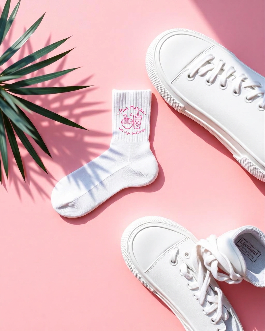 Pink Matcha Socks - White